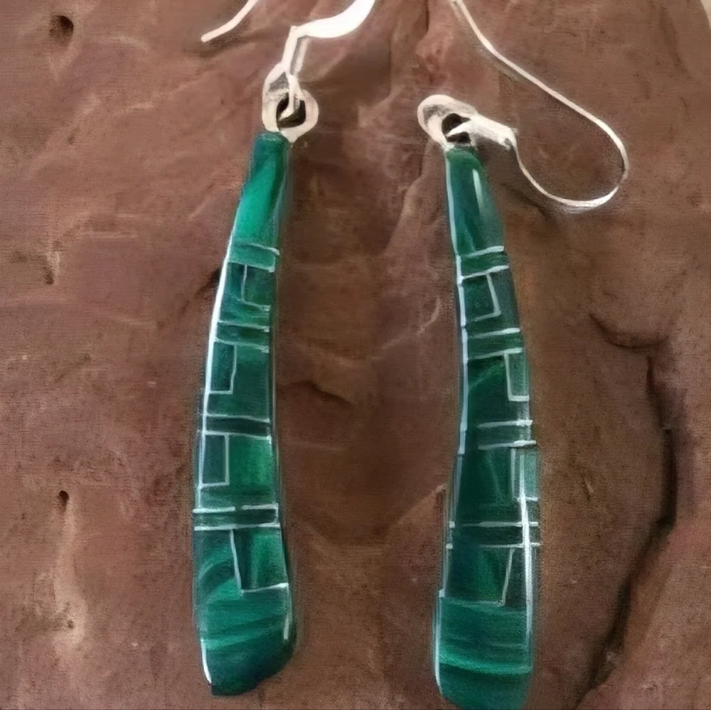 Malachite Inlay Sterling Silver Earrings Handcrafted - Picture 2 of 5
